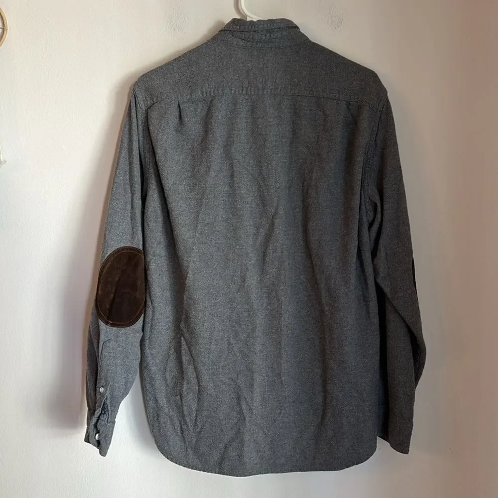 J. Crew Gray wool flannel Button-Down Shirt Brown leather Elbow Patches men’s LG